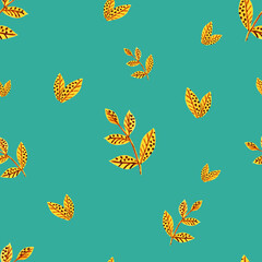 Set of watercolour yellow leaves pattern. Golden autumn leaves in bright background