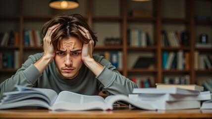 Stressed Male Student in Library – Overwhelmed Young Man Studying for Final Exams for Academic Stress Representation, Education Blogs, and Mental Health Awareness
