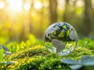 Glass globe on vibrant moss in forest sunlight, symbolizing sustainability, eco-consciousness, and harmony with nature. Ideal for Earth Day and green campaigns