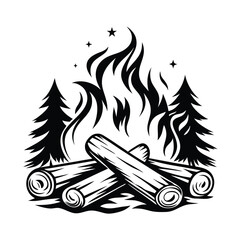 Monochrome Bonfire with Logs, Stars, and Trees Isolated 