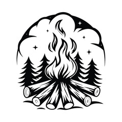 Bonfire Silhouette, Campfire with Flame, Wood Logs, Pine Trees and Starry Sky