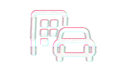 Icon car building is distorted. Glitch. Noise, chromatic aberration, geometric distortion
