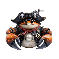 A sneaky crab in a pirate coat on a beach capturing the essence of adventure in a playful scene