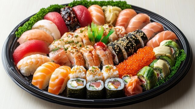 A top-down shot of a delicious and colorful sushi platter with assorted rolls, placed on a wooden table, on a white background