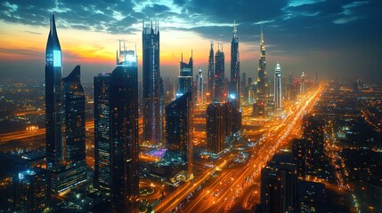 Naklejka premium Dubai Skyline at Sunset: A Stunning Aerial View of Modern Architecture