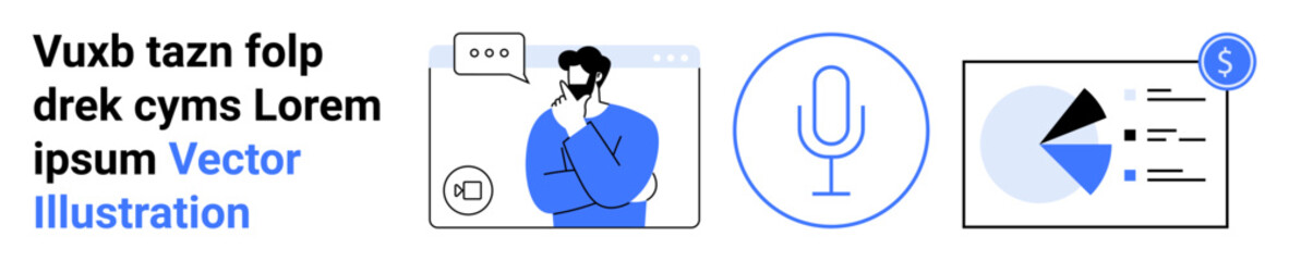 Figure thinking with chat bubble, microphone, and analytics chart with pie graph and data report. Ideal for technology, business data, voice search, communication, planning, analytics simple landing