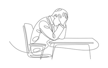 Stressed Businessman at Desk Line Art Icon – Continuous One Line Drawing.