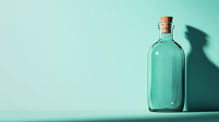 Glass bottle with cork on a light teal background
