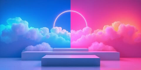 podium on surreal split background with blue and pink clouds and glowing neon circle on background. Colorful platform stand for product placement and display