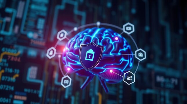 Digital brain with shield, indicating data protection, intellectual property safety, AI security concept - Powered by Adobe