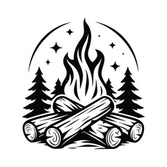 Campfire Silhouette with Flame Stars and Pine Trees in