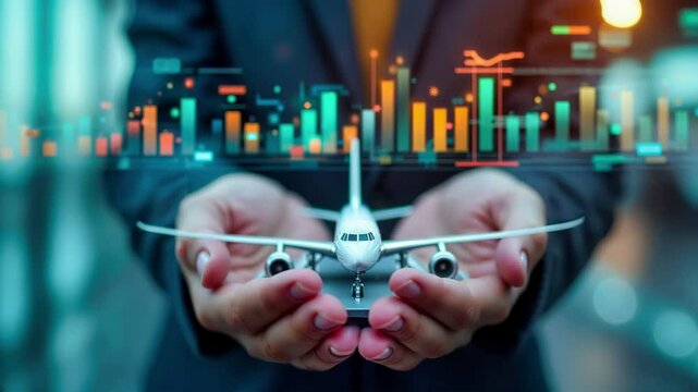 Hands holding airplane with colorful data analytics charts and graphs overlay. Aviation performance metrics visualization representing airline industry kpis, operational efficiency analysis