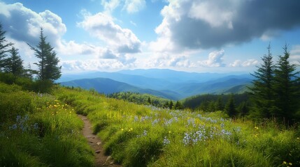 Obraz premium Scenic mountain trail through vibrant meadows under a expansive sky