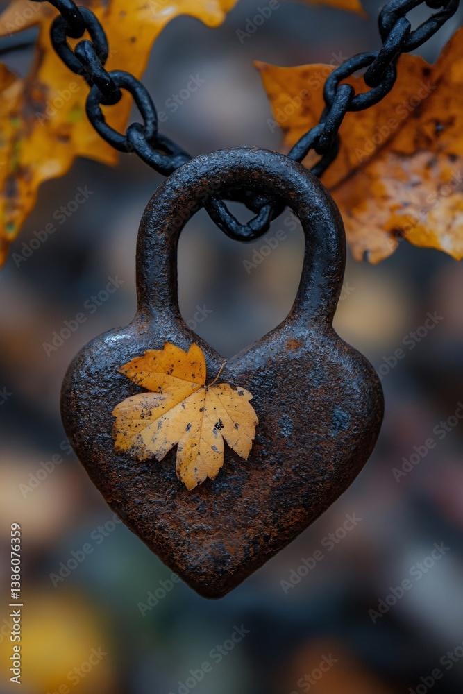 Poster weathered heart-shaped lock dangles from a chain against a backdrop of autumn leaves