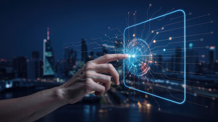 Fototapeta premium Touching the Future: A futuristic illustration of a hand interacting with a digital interface, symbolizing technological innovation, connectivity, and the digital world.