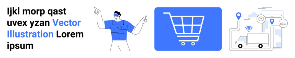 Man presenting shopping concept, empty cart in blue, delivery route with location pins and truck. Ideal for e-commerce, logistics, retail, marketing, navigation, delivery apps simple landing page