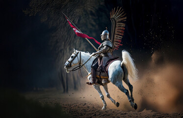 A polish winged hussar in ornate armor rides a white horse through a sunlit battlefield, exuding power and nobility with a fierce gaze and a majestic spear.
