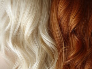 Fototapeta premium Contrasting Hair Colors Blonde and Auburn Wavy Texture Close Up Shot of Two Different Hair Styles Beauty Concept