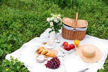 Enjoying a delightful picnic on a sunny day with fresh fruits and pastries in a lush green field