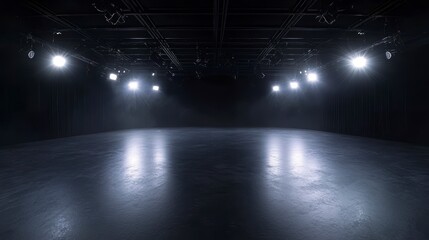 Dark studio space with bright lights and reflective floor.