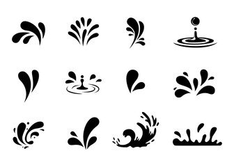 Silhouettes Of Black Splashes With Droplets. Water Drop Shapes, Liquid Burst Splashes, Ink dropes. Set of vector water drops.