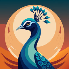 peacock head on plain black background childish style illustration