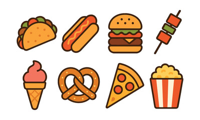 Colorful flat icon set of popular fast food items for digital design projects