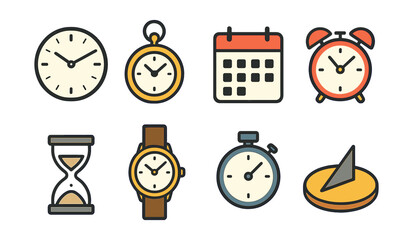 Time management icon set - linear style with clocks, watches, hourglass, and more