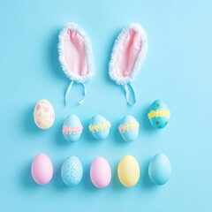 Delightful Easter Still Life with Pastel Eggs and Bunny Ears on Light Blue Background for Festive Spring Celebration