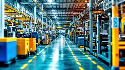 Modern industrial manufacturing plant interior with automated production line, yellow safety markings on clean floor, and organized machinery. Bright factory facility with efficient workflow layout - Powered by Adobe