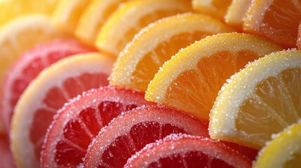 Sliced fruit gummies in vibrant citrus flavors, sugar-dusted, soft lighting, macro perspective, high contrast.