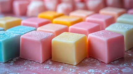 Stacked pastel-colored fudge squares, smooth and creamy texture, high detail, soft and elegant lighting.
