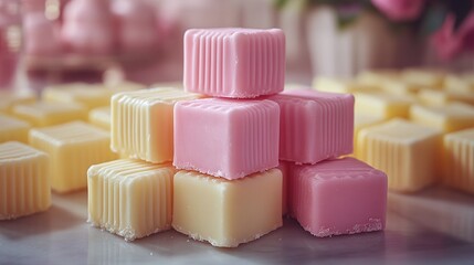 Stacked pastel-colored fudge squares, smooth and creamy texture, high detail, soft and elegant lighting.