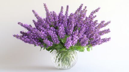 Fototapeta premium A high-angle view of a bunch of lavender stems with purple flowers, arranged in a glass vase, on a white background