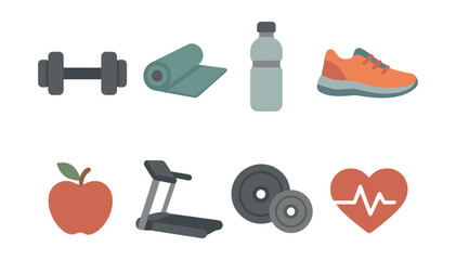 Fitness icons set: workout and healthy lifestyle essentials in flat style