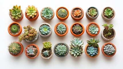 A bird is eye view of a succulent garden with various small cacti and plants placed in decorative pots, on a white background