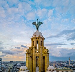 Aerial view of the Royal Liver building, a Grade I listed building in Liverpool, England