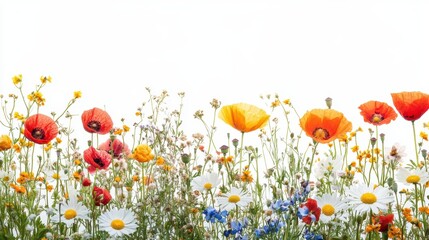 A high-angle view of a variety of wildflowers in a field, including daisies and poppies, with the sun shining down, on a white background © Chandlerlikes
