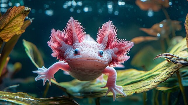 A pink frog with long hair is swimming in a pond - Powered by Adobe