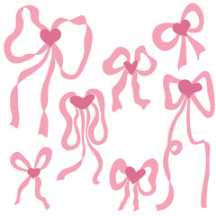 Flat style romantic pinc coquette ribbon bows collection. Silhouette decor for label, sale, cards, invitations, stickers. Hand drawn vector illustration.