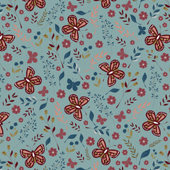 Bright cartoon background with flowers and butterflies in doodle style. Vector seamless pattern with flowers, leaves, branches and butterflies. Texture for home and children's textiles, decor