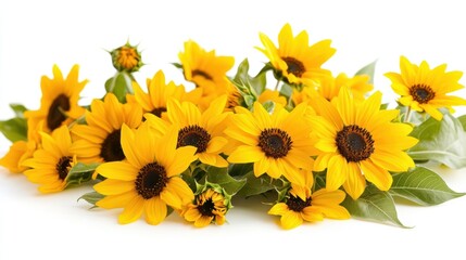 Naklejka premium A high-angle view of a sunflower field under a clear sky, with bright yellow flowers in full bloom, on a white background