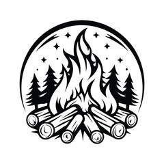 Obraz premium Isolated Bonfire with Flame, Logs, Pine Trees, Stars and Circle Border in Black and White