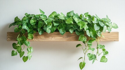 A top-down shot of a potted plant with green leafy vines trailing down, placed on a wooden shelf, on a white background