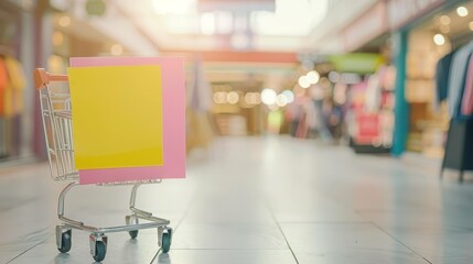 Obraz premium Bright Shopping Cart Discount Sign - Empty shopping cart with bright yellow and pink discount sign in a blurry shopping mall background. Symbolizes sales, deals, retail, consumerism, and bargains