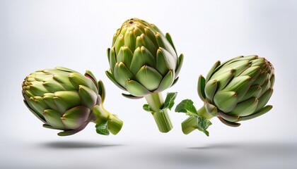 Obraz premium isolated high resolution image of a fresh raw artichoke in mid air against a white background