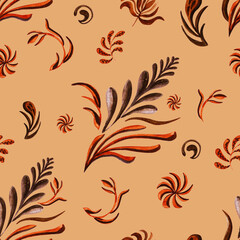 Watercolour autumn leaves ornament pattern. Luxury ornametal painting. Gentle brown seamless illustration