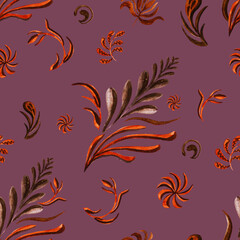 Watercolour autumn leaves ornament pattern. Luxury ornametal painting. Gentle brown seamless illustration