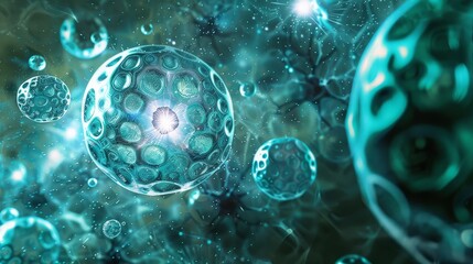 Cellular Universe Exploration - Microscopic view of glowing cells, resembling a universe of vibrant teal spheres. Intricate details and a sense of depth
