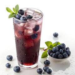 Blueberry Tea Chiller in a clear glass with ice cubes, fresh blueberries floating on top, a hint of purple color, condensation on the glass, realistic and highly detailed